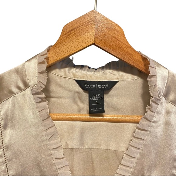 White House Black Market Ivory Silk Stretch Satin Blouse Ruffle Quiet Luxury - Picture 2 of 11